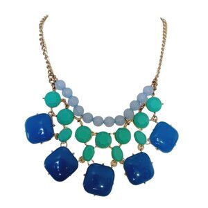 Shades Of Blue Statement Necklace Gold Tone Bauble Business Casual Chunky
